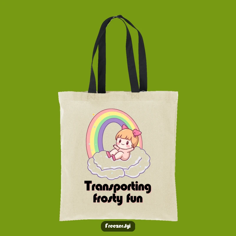 Funny Winter Tote Bag: Character's Frosty Rainbow Adventure for Your Everyday Funny Gift